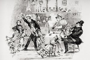Emoción del Sr. Kenwigs al escuchar las noticias familiares de Nicholas, ilustración de 
